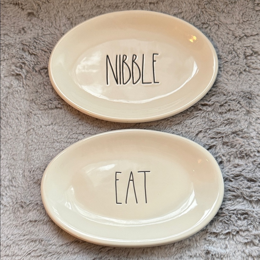 Rae Dunn Cream Oval Plate Duo - Nibble & Eat 8x5.5” each